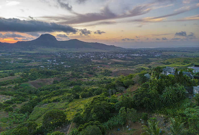 Aerial view of Long Mountain at sunset from near Congomah, Mauritius, Indian Ocean, Africa Aerial view of Long Mountain at sunset from near Congomah, Mauritius, Indian Ocean, Africa, by Frank Fell