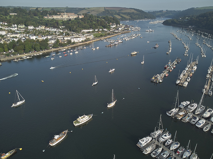 An aerial view of the estuary of the River Dart, with the towns of Dartmouth on the left and Kingswear on the right  on the south coast of Devon, Great Britain. An aerial view of the estuary of the River Dart, with the towns of Dartmouth on the left and Kingswear on the right, south coast of Devon, England, United Kingdom, Europe, by Nigel Hicks