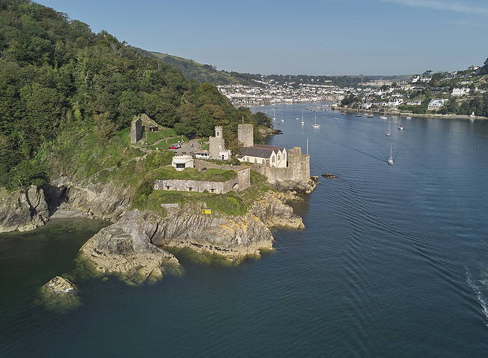 An aerial view of the historic 16th century Dartmouth Castle, in the mouth of the River Dart, with a view of Dartmouth in the background, on the south coast of Devon, Great Britain An aerial view of the historic 16th century Dartmouth Castle, in the mouth of the River Dart, with a view of Dartmouth in the background, on the south coast of Devon, England, United Kingdom, Europe, by Nigel Hicks