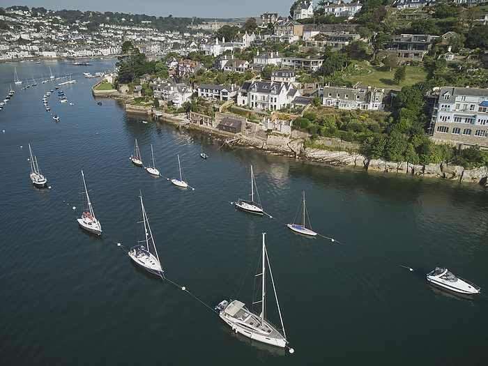 An aerial view into the mouth of the River Dart, with Kingswear nearest  towards the right  and Dartmouth in the distance  on the south coast of Devon, Great Britain. An aerial view into the mouth of the River Dart, with Kingswear nearest, towards the right, and Dartmouth in the distance, south coast of Devon, England, United Kingdom, Europe, by Nigel Hicks