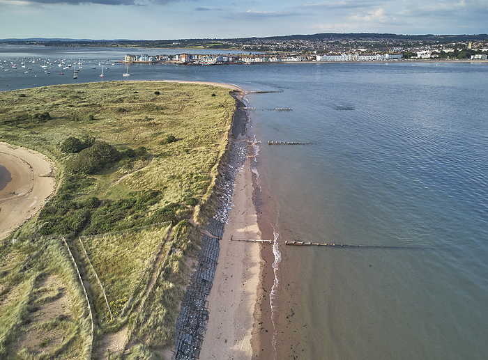 Aerial view of the mouth of the River Exe, seen from above Dawlish Warren and looking towards the town of Exmouth, Devon, Great Britain. Aerial view of the mouth of the River Exe, seen from above Dawlish Warren and looking towards the town of Exmouth, Devon, England, United Kingdom, Europe, by Nigel Hicks