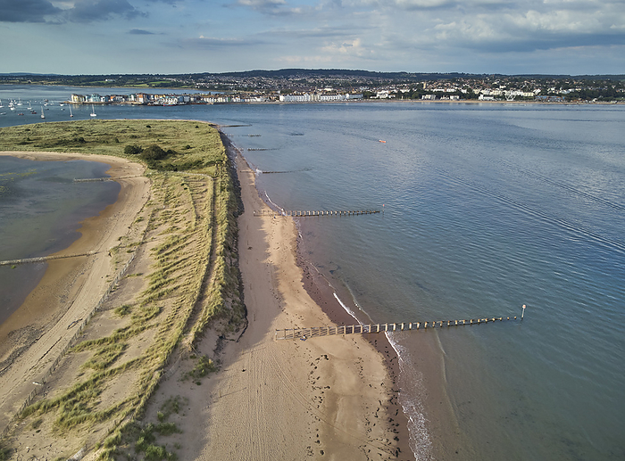 Aerial view of the mouth of the River Exe, seen from above Dawlish Warren and looking towards the town of Exmouth, Devon, Great Britain. Aerial view of the mouth of the River Exe, seen from above Dawlish Warren and looking towards the town of Exmouth, Devon, England, United Kingdom, Europe, by Nigel Hicks