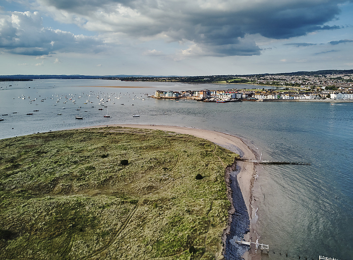 Aerial view of the mouth of the River Exe, seen from above Dawlish Warren and looking towards the town of Exmouth, Devon, Great Britain. Aerial view of the mouth of the River Exe, seen from above Dawlish Warren, looking towards the town of Exmouth, Devon, England, United Kingdom, Europe, by Nigel Hicks