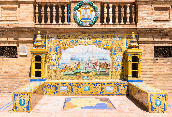 One of the 48 tiled Provincial Alcoves along the walls of the Plaza de Espana  Spain Square  in Parque de Maria Luisa  Maria Luisa Park , Seville, Andalusia, Spain One of the 48 tiled Provincial Alcoves along the walls of the Plaza de Espana  Spain Square  in Parque de Maria Luisa  Maria Luisa Park , Seville, Andalusia, Spain, Europe, by Nadia Isakova