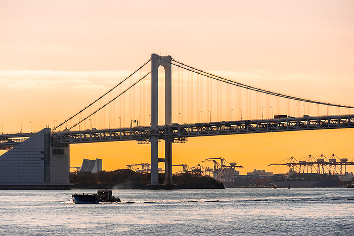 Tokyo Rainbow bridge and cranes of Odaiba. View from river sumida at sunrise View from River Sumida at sunrise, Tokyo Rainbow bridge and cranes of Odaiba, Tokyo, Honshu, Japan, Asia, by Caspar Schlageter