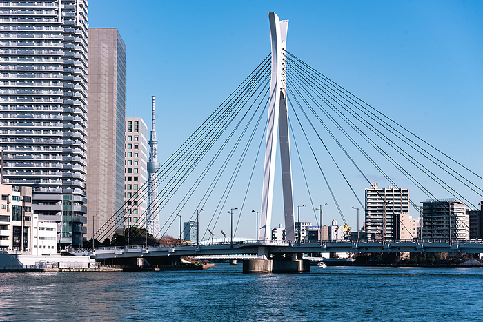 Chuo Ohashi Bridge in Toyko on blue Sumida River. Skytree in the background Tokyo river cruise.Japan Chuo Ohashi Bridge on blue Sumida River with Skytree in the background, Tokyo river cruise, Tokyo, Honshu, Japan, Asia, by Caspar Schlageter