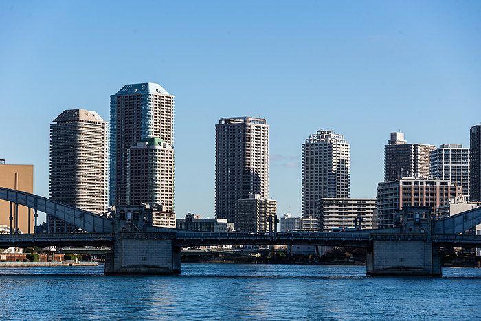 Highrise skyscrapers on Sumida River Toyko, Japan. Chuo City district Highrise skyscrapers on Sumida River, Chuo City district, Toyko, Honshu, Japan, Asia, by Caspar Schlageter
