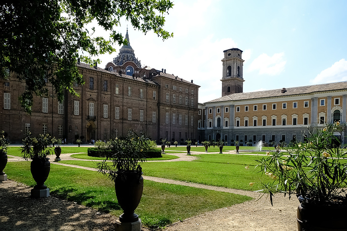 View of the gardens of the Royal Palace of Turin, a historic palace of the House of Savoy in the city of Turin in Northern Italy. In 1946, the building became the property of the state and was turned into a museum. View of the gardens of the Royal Palace of Turin, a historic palace of the House of Savoy, UNESCO World Heritage Site, Turin, Piedmont, Italy, Europe, by MLTZ