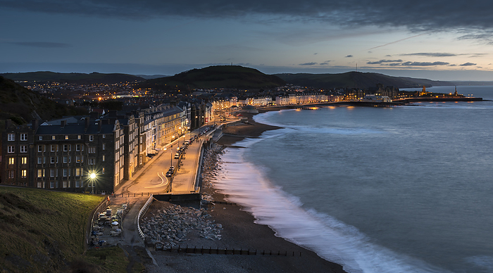Aberystwyth Promenade, on the west coast of Wales, at dusk, with a slow shutter speed Aberystwyth Promenade, at dusk, taken with slow shutter speed, on the west coast of Wales, Aberystwyth, Ceredigion, Wales, United Kingdom, Europe, by Gary Parker