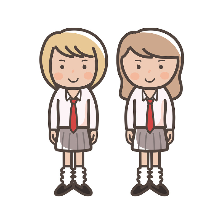 Illustration of two high school girls in loose socks, kogal style
