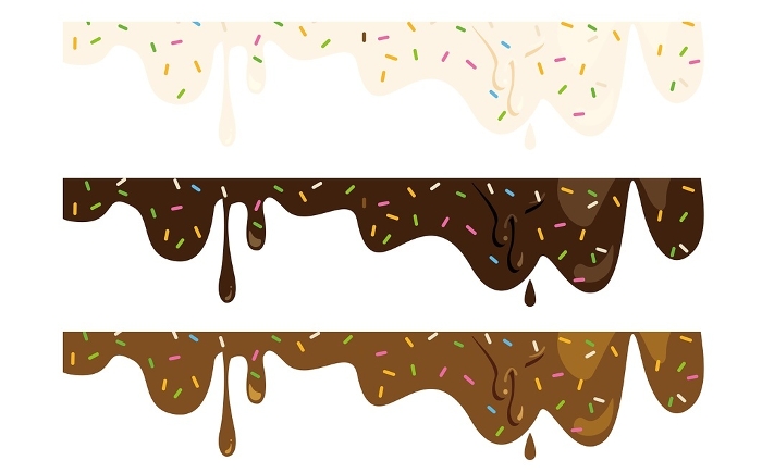 Set of three types of melted chocolate garnishes mixed with color spray