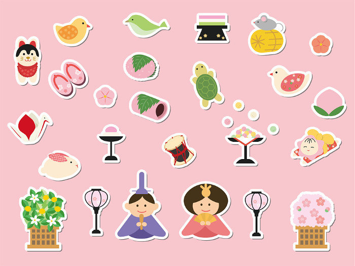 Set of sticker-style illustrations of Hinamatsuri (Girls' Festival)