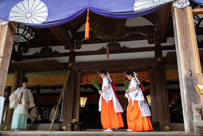 Ojinja Shrine Rondo Festival Rice planting Sakurai City, Nara Pref. Saotome  two shrine maidens  plant rice with a bundle of pine twigs  Naematsu  as if they were early seedlings, to the accompaniment of taiko drums.