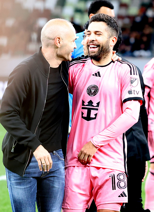 MLS s Inter Miami CF plays against Japan s Vissel Kobe at a friendly match February 7, 2024, Tokyo, Japan   Spain s legendary player Andres Iniesta  L  shares smiles with Major League Soccer s  MLS  Inter Miami CF defender Jordi Alba  R  before starting a friendly match against J League champion Vissel Kobe at Japan s national stadium in Tokyo on Wednesday, February 7, 2024. Vissel Kobe defeated Inter Miami CF by penalty shootout 0 0  4 3 .    photo by Yoshio Tsunoda AFLO 