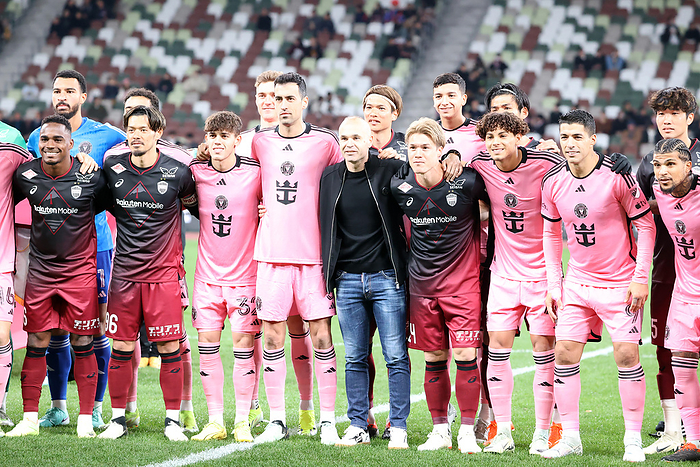 MLS s Inter Miami CF plays against Japan s Vissel Kobe at a friendly match February 7, 2024, Tokyo, Japan   Spain s legendary player Andres Iniesta  C  and Major League Soccer s  MLS  Inter Miami CF players with J League champion Vissel Kobe players pose for photo before starting a friendly match at Japan s national stadium in Tokyo on Wednesday, February 7, 2024. Vissel Kobe defeated Inter Miami CF by penalty shootout 0 0  4 3 .    photo by Yoshio Tsunoda AFLO 
