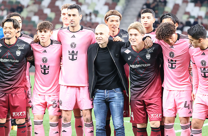 MLS s Inter Miami CF plays against Japan s Vissel Kobe at a friendly match February 7, 2024, Tokyo, Japan   Spain s legendary player Andres Iniesta  C  and Major League Soccer s  MLS  Inter Miami CF players with J League champion Vissel Kobe players pose for photo before starting a friendly match at Japan s national stadium in Tokyo on Wednesday, February 7, 2024. Vissel Kobe defeated Inter Miami CF by penalty shootout 0 0  4 3 .    photo by Yoshio Tsunoda AFLO 