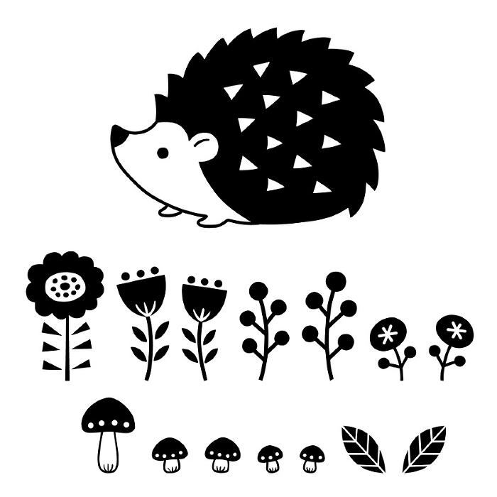 set of monochrome illustrations including a cute hedgehog, small mushrooms and flowers.