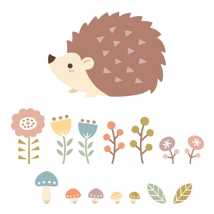Pastel illustration set of cute hedgehogs, small mushrooms, flowers, etc.