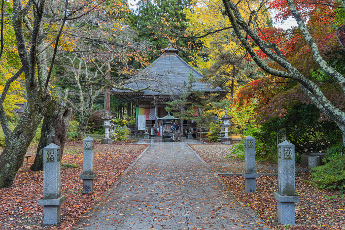 Akiu Otaki Fudoson (Takihonzan Saiko-ji Temple) and autumn leaves near Akiu Otaki Waterfall in Akiu-cho, Taihaku-ku, Sendai City, Miyagi Prefecture, Japan