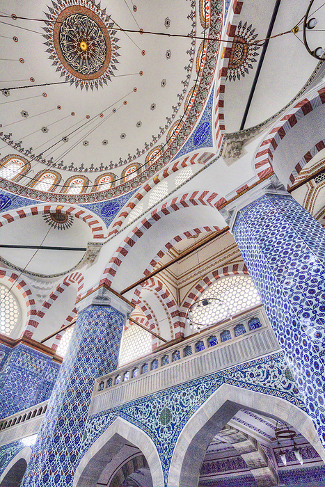 Close-up interior of the Rustem Pasha Mosque with its blue and white Iznik tiles and domed ceiling; Istanbul, Turkey, by Richard Maschmeyer / Design Pics