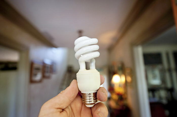 Hand holding an energy saving light bulb; Lincoln, Nebraska, United States of America, by Joel Sartore Photography / Design Pics