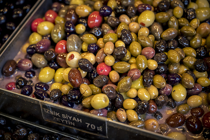 Olives for sale at Kadikoy produce market in Kadikoy, Istanbul; Istanbul, Turkey, by Dosfotos / Design Pics