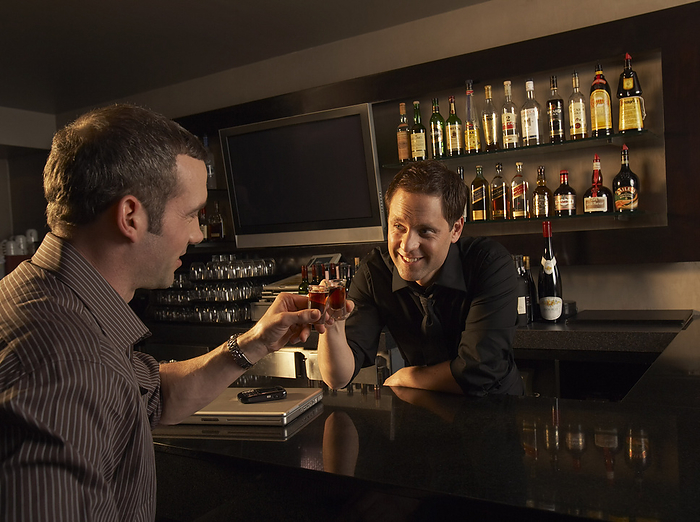 Bartender and Customer Toasting, by Masterfile / Design Pics