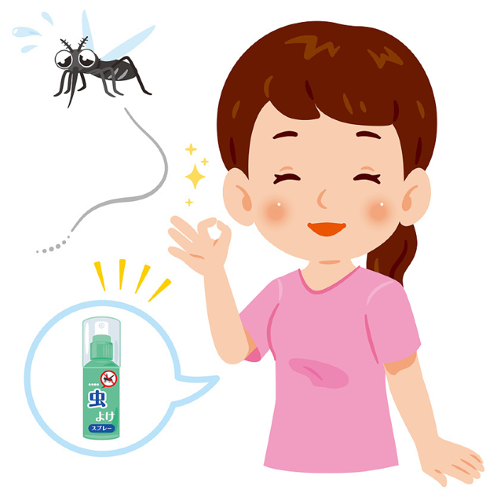 Woman with insect repellent spray and fleeing mosquito