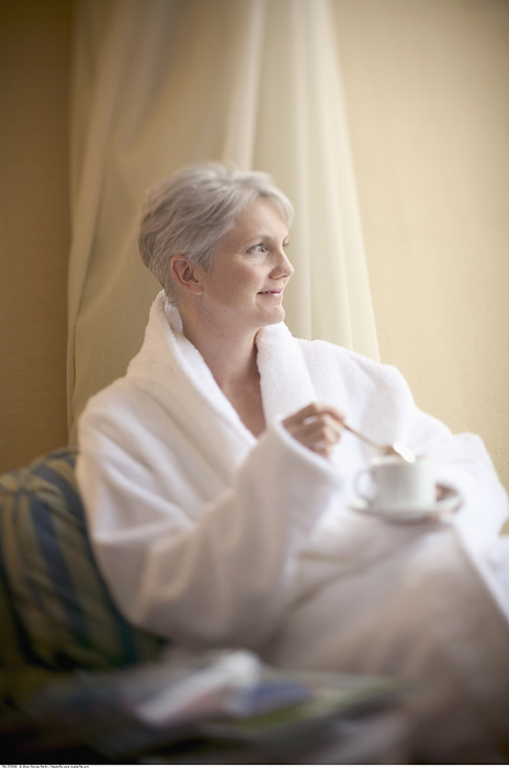 Woman in Bathrobe with Coffee Cup, by Alison Barnes Martin / Design Pics