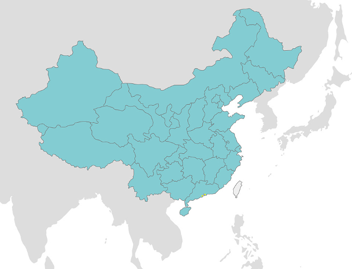 Map of China and Taiwan, provincial boundaries, silhouettes of Eurasia and Japan, location of Hong Kong and Macau