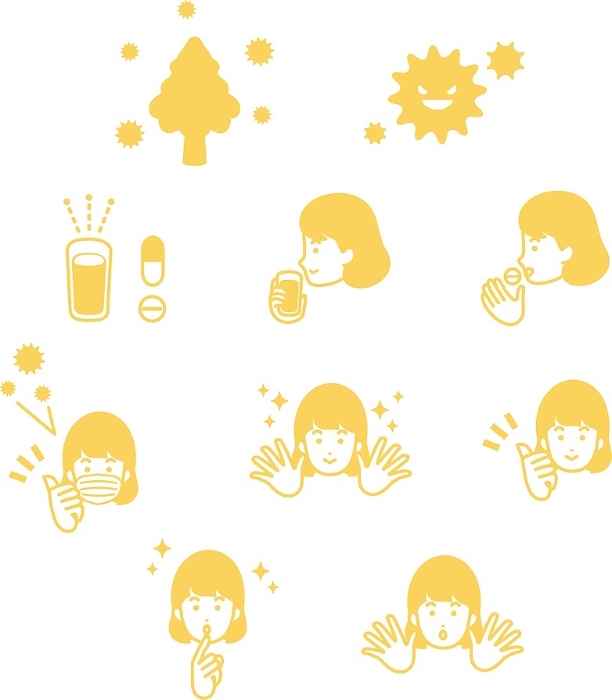 Icons hay fever pollen medical person female vector illustration set