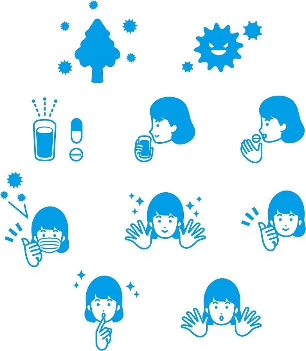 Icons hay fever pollen medical person female vector illustration set