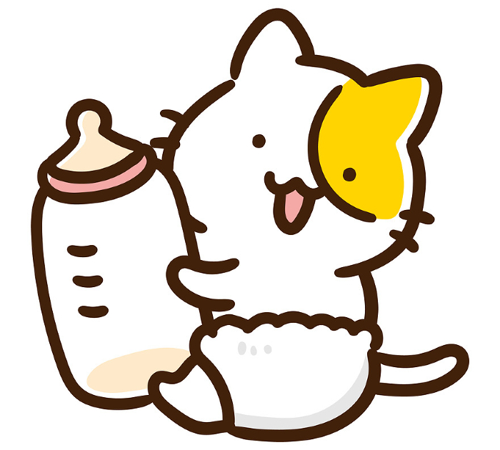 deformation illustration of cute baby cat holding a baby bottle