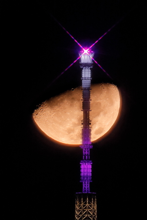 Night view of the moon and the tip of Sky Tree Chiba Prefecture