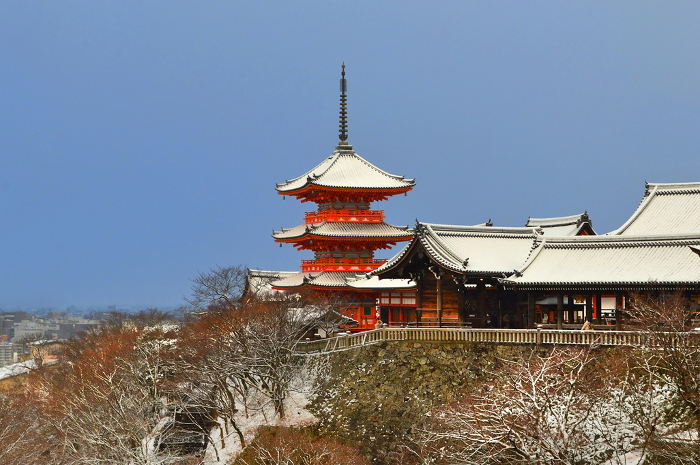 Three-storied Pagoda of Kiyomizu-dera Temple, a World Heritage Site in Kyoto City, covered with snow