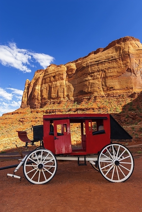 Historic carriage at Monument Valley, cloudy sky, west, western, sky, Utah, USA, North America, by Franzel Drepper