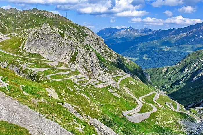 View from elevated position on old southern pass road Tremola south ramp with serpentines tight curves hairpin bends on steep mountain slope of Gotthard Pass, Gotthard Pass, Passo San Gottardo, Canton Uri, Switzerland, Europe, by Frank Schneider