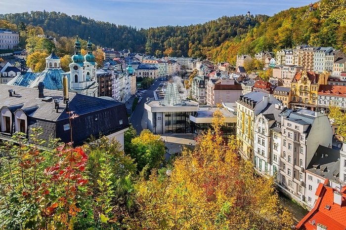 Church of St. Mary Magdalene and the Tepla Valley Spring Colonnade in autumn, Karlovy Vary, West Bohemian Spa Triangle, Karlovy Vary Region, Bohemia, Czech Republic, Unesco World Heritage Site, Europe, by Günter Gräfenhain
