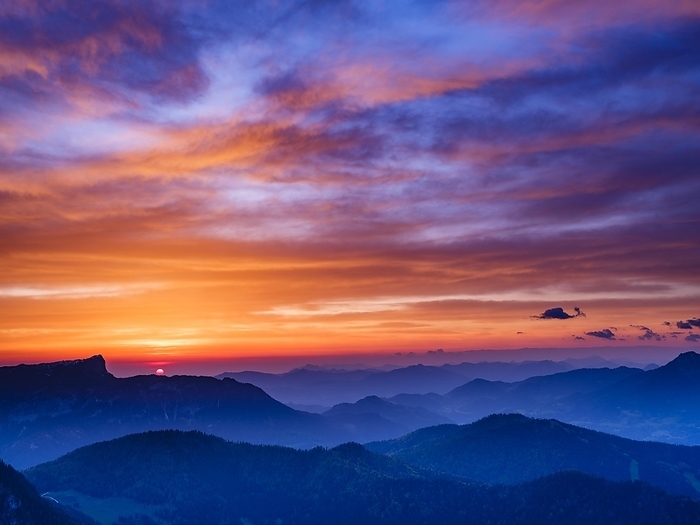 Alpine panorama at sunrise with red clouds, Berchtesgaden National Park, Ramsau, Berchtesgadener Land, Upper Bavaria, Bavaria, Germany, Europe, by Herbert Berger