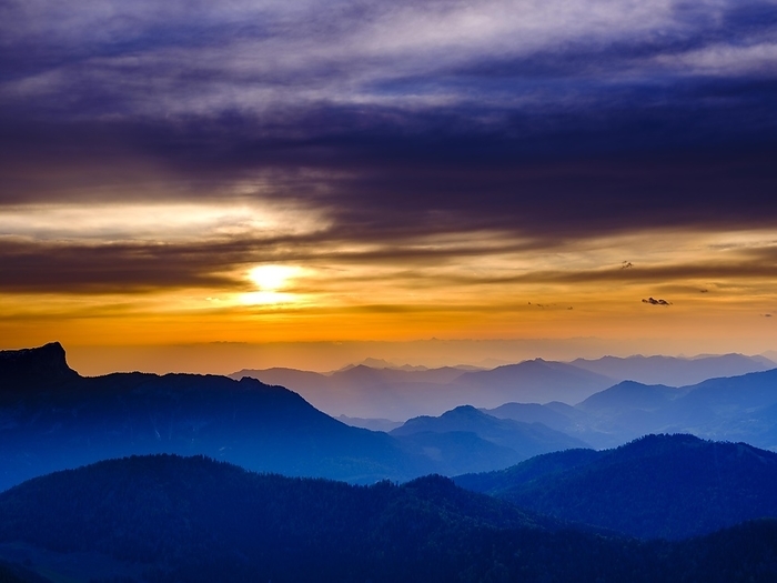 Alpine panorama at sunrise with clouds, Berchtesgaden National Park, Ramsau, Berchtesgadener Land, Upper Bavaria, Bavaria, Germany, Europe, by Herbert Berger