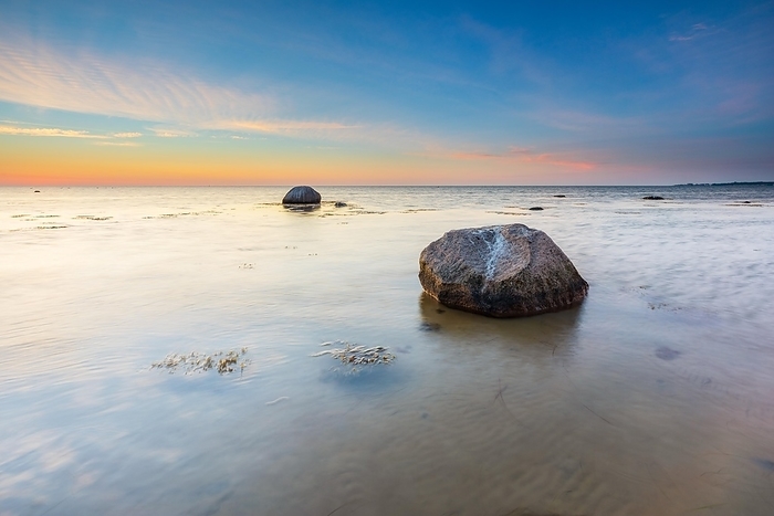 Large boulders on the beach of the Baltic Sea at sunset, Wismar Bay, Baltic Sea, Mecklenburg-Western Pomerania, Germany, Europe, by AVTG