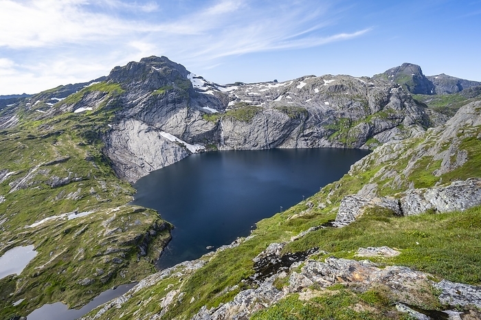 View of lake Fjerddalsvatnet and mountain landscape, hiking trail to Munkebu hut, Moskenesøya, Lofoten, Nordland, Norway, Europe, by Mara Brandl