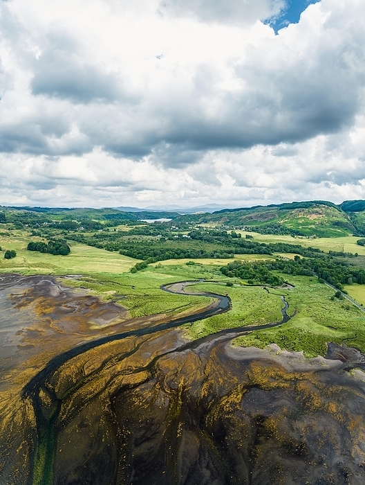 Panorama over Loch Feochan and Feochan Bheag River from a drone, Feochan Glen, Oban, Argyll and Bute, West Highlands, Scotland, UK, by Maciej Olszewski