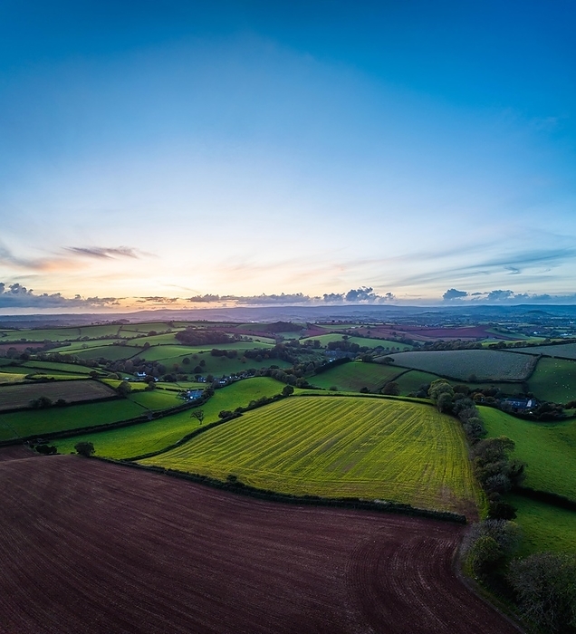Panorama of Sunset over Fields and Farms, Devon, England, United Kingdom, Europe, by Maciej Olszewski