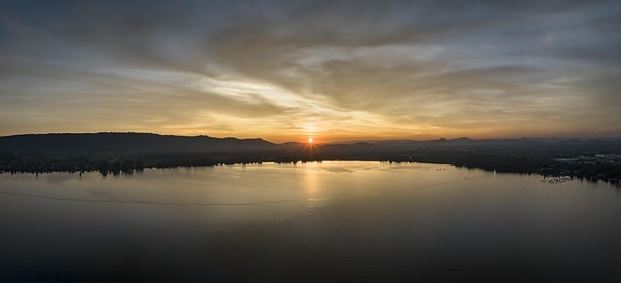 Aerial panorama of Untersee, the western part of Lake Constance shortly in front of sunset, on the horizon the Hegau mountains, district of Constance, Baden-Württemberg, Germany, Europe, by Markus Keller