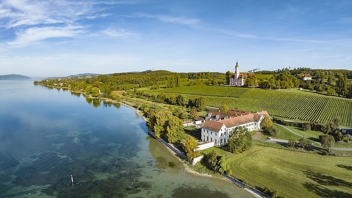 Aerial panorama of Maurach Castle on Lake Constance, below the Birnau pilgrimage church, Uhldingen-Mühlhofen, Lake Constance district, Baden-Württemberg, Germany, Europe, by Markus Keller