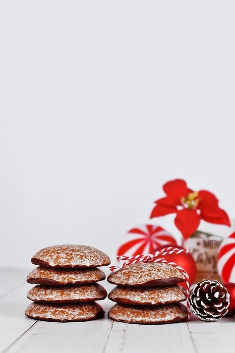 Stacks of traditional German round glazed gingerbread Christmas cookie called 'Lebkuchen', by Firn