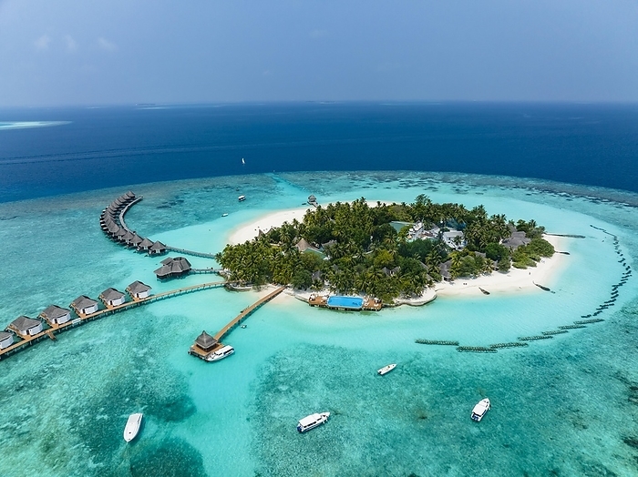 Aerial View, Maldives, North Malé Atoll, Indian Ocean, Thulhagiri Island Resort with Water Bungalows, Asia, by Martin Moxter
