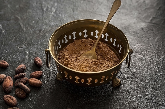 High angle bowl with cocoa powder cocoa beans, by Oleksandr Latkun