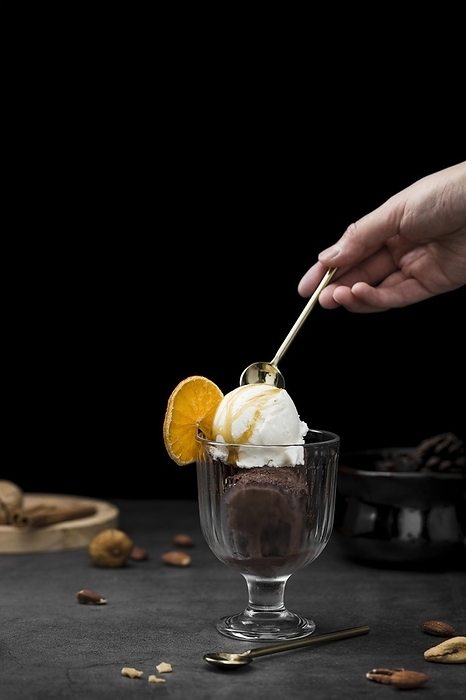 Vanilla ice cream scoop served glass, by Oleksandr Latkun
